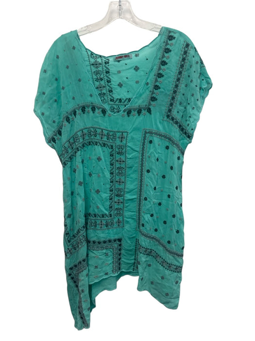 Johnny Was Size L Teal Green & Gray Cupra Rayon Cap Sleeve Embroidered Dress Teal Green & Gray / L