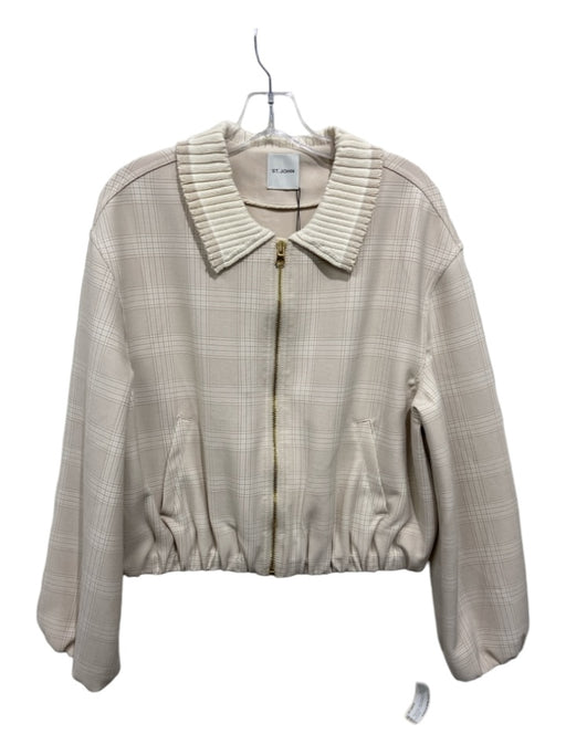 St John Size L Beige Polyester Blend Zip Front Knit Collar Plaid Jacket Beige / L
