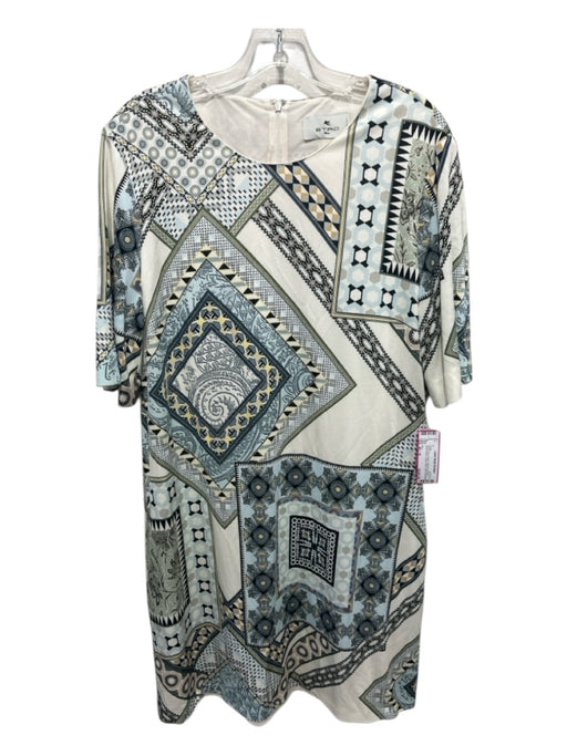Etro Size 46 / M White, Blue, Yellow Viscose Abstract Short Sleeve Shift Dress White, Blue, Yellow / 46 / M