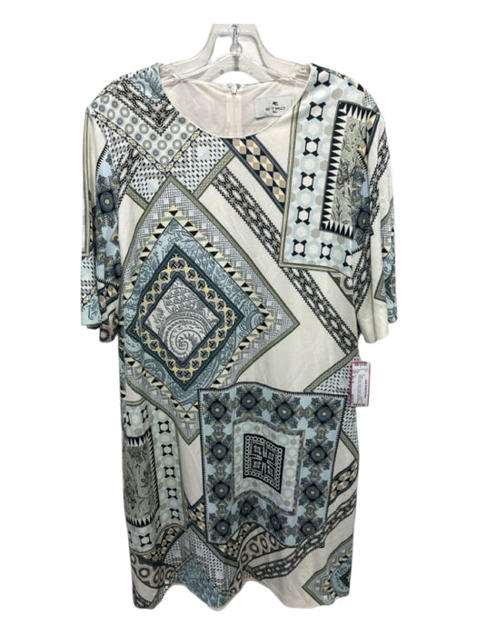 Etro Size 46 / M White, Blue, Yellow Viscose Abstract Short Sleeve Shift Dress White, Blue, Yellow / 46 / M