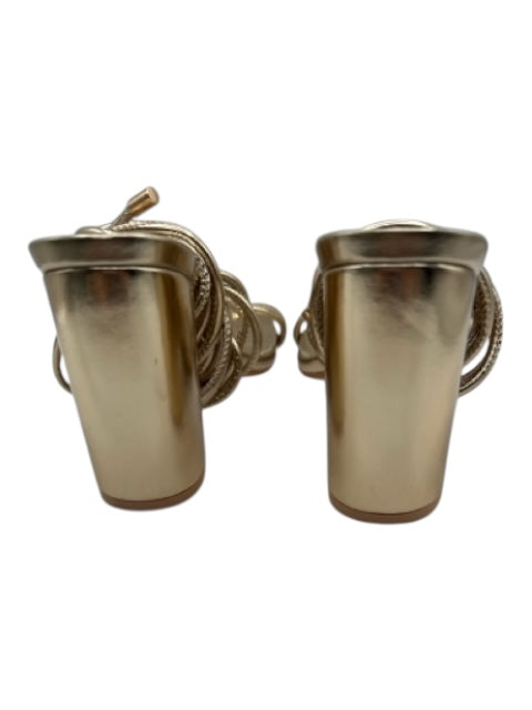 Elisabet Lang Shoe Size 7 Gold Faux Leather Ankle Wrap Square Toe Sandals Gold / 7