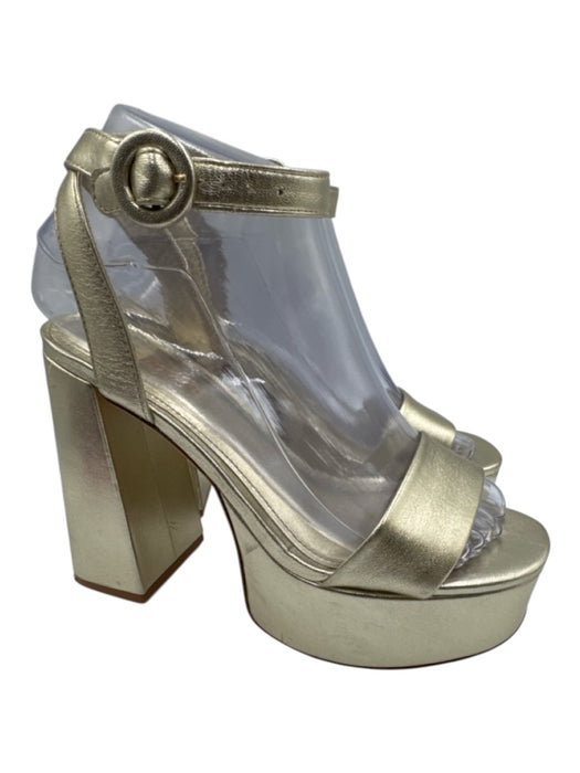 Larroude Shoe Size 6.5 Gold Leather Block Heel Round Toe Ankle Strap Sandals Gold / 6.5