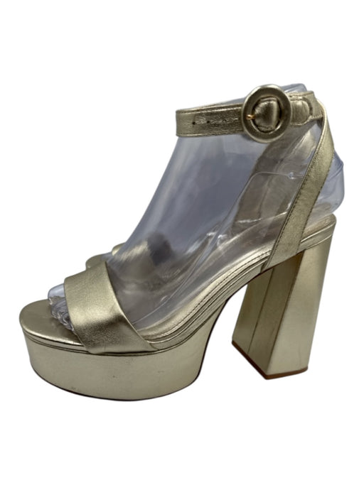 Larroude Shoe Size 6.5 Gold Leather Block Heel Round Toe Ankle Strap Sandals Gold / 6.5