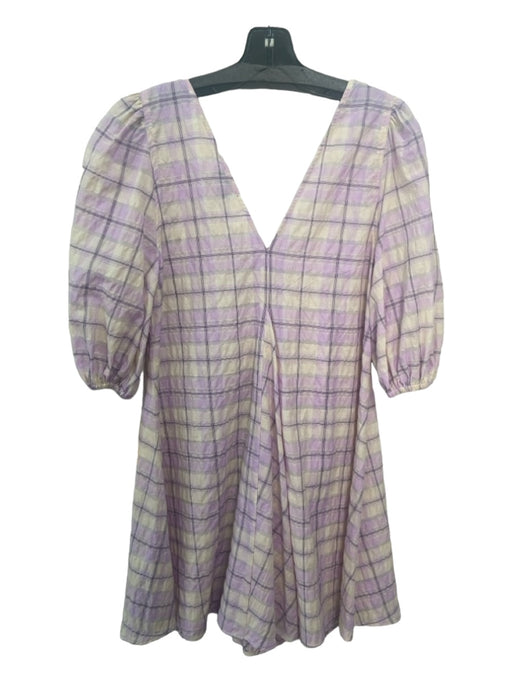 Ganni Size 38 Lavender & Cream Cotton & Polyester Plaid V Neck Dress Lavender & Cream / 38