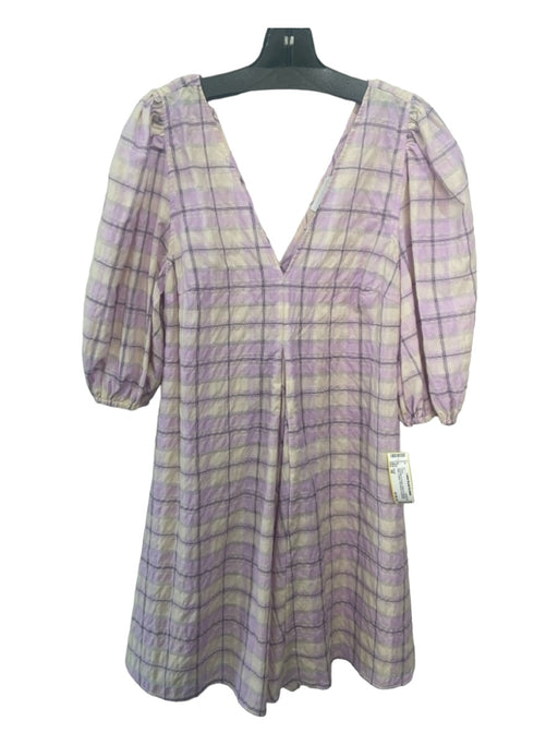 Ganni Size 38 Lavender & Cream Cotton & Polyester Plaid V Neck Dress Lavender & Cream / 38