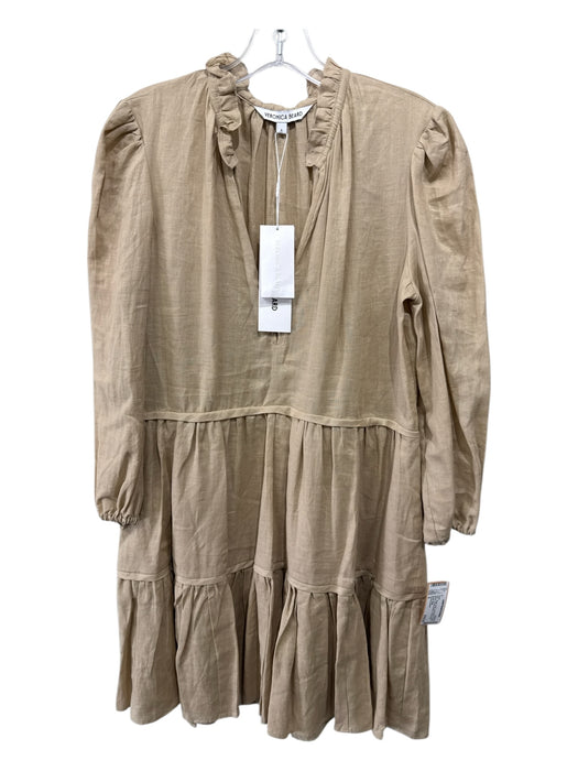 Veronica Beard Size 6 Beige Linen Long Sleeve V Neck Tiered Dress Beige / 6