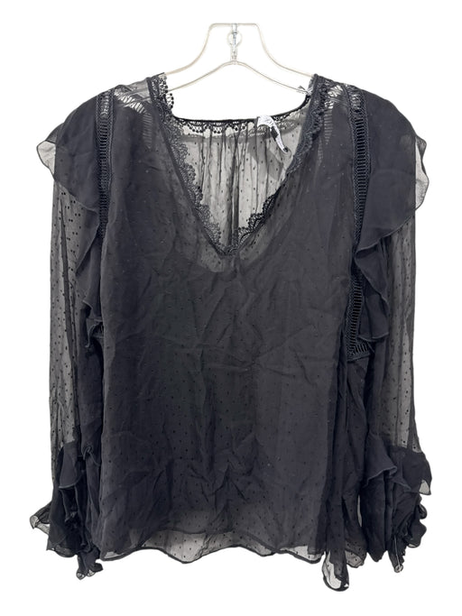 Intermix Size M Black Silk Blend Sheer Overlay V Neck Scallop Detail Top Black / M
