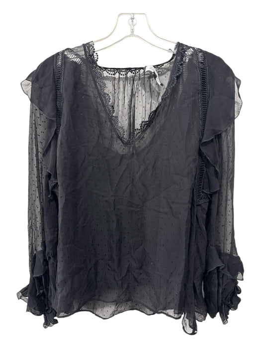 Intermix Size M Black Silk Blend Sheer Overlay V Neck Scallop Detail Top Black / M