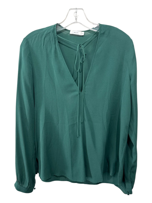 A.L.C. Size 4 Green Silk Long Sleeve V Neck Neck Tie Top Green / 4