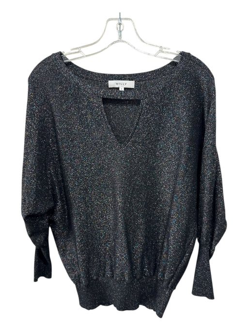 Milly Size Small Black & Multi Viscose Metallic Thread Long Sleeve Keyhole Top Black & Multi / Small