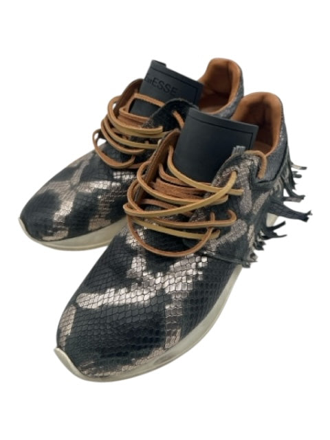 Esseutesse Shoe Size 38 Black, Gold & Tan Leather round toe Camo Fringe Sneakers Black, Gold & Tan / 38