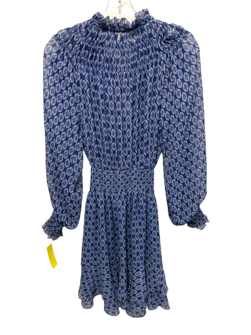 Misa Size S Blue & White Polyester Ikat Long Balloon Sleeve Tassel V Neck Dress Blue & White / S