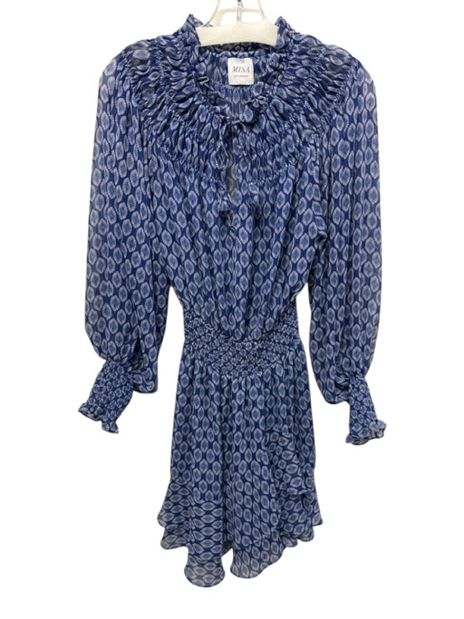 Misa Size S Blue & White Polyester Ikat Long Balloon Sleeve Tassel V Neck Dress Blue & White / S