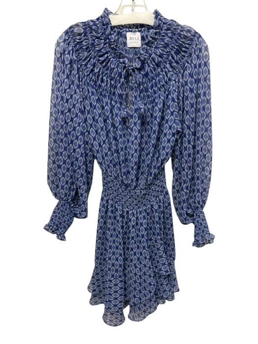 Misa Size S Blue & White Polyester Ikat Long Balloon Sleeve Tassel V Neck Dress Blue & White / S