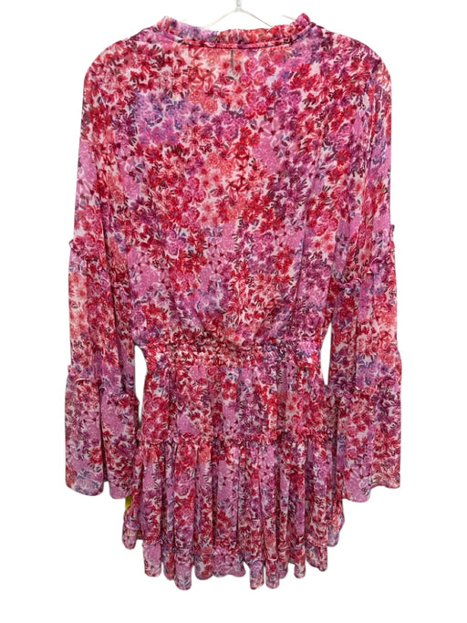 Misa Size S White, Pink & Red Polyester Ikat Long Flare Sleeve Dress White, Pink & Red / S