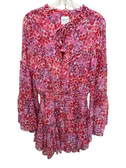 Misa Size S White, Pink & Red Polyester Ikat Long Flare Sleeve Dress White, Pink & Red / S