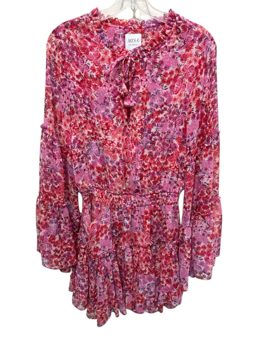 Misa Size S White, Pink & Red Polyester Ikat Long Flare Sleeve Dress White, Pink & Red / S