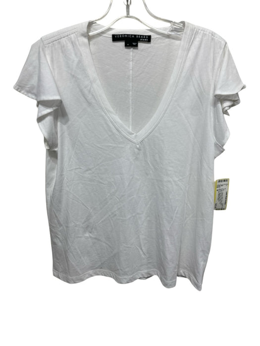 Veronica Beard Jeans Size M White Pima Cotton Ruffle Cap Sleeve Deep V neck Top White / M