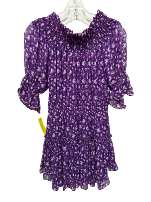 Misa Size S Purple Viscose Abstract Floral Off Shoulder 1/2 Balloon Sleeve Dress Purple / S