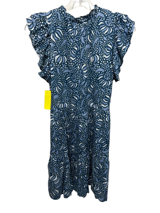 Omika Size S Blue & White Modal Abstract Floral Ruffle Cap Sleeve V Neck Dress Blue & White / S