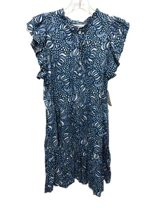 Omika Size S Blue & White Modal Abstract Floral Ruffle Cap Sleeve V Neck Dress Blue & White / S
