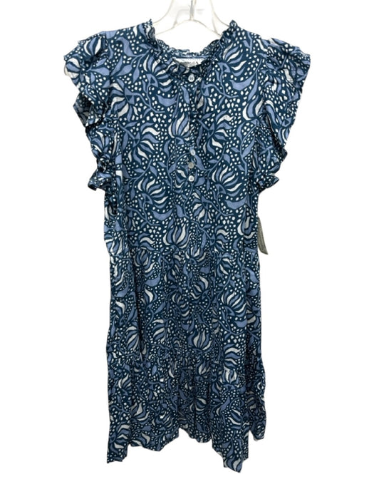 Omika Size S Blue & White Modal Abstract Floral Ruffle Cap Sleeve V Neck Dress Blue & White / S