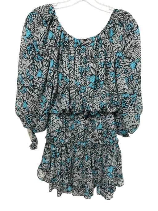 Misa Size S Black & Blue Polyester Leaf Print 3/4 puff sleeve Off Shoulder Dress Black & Blue / S