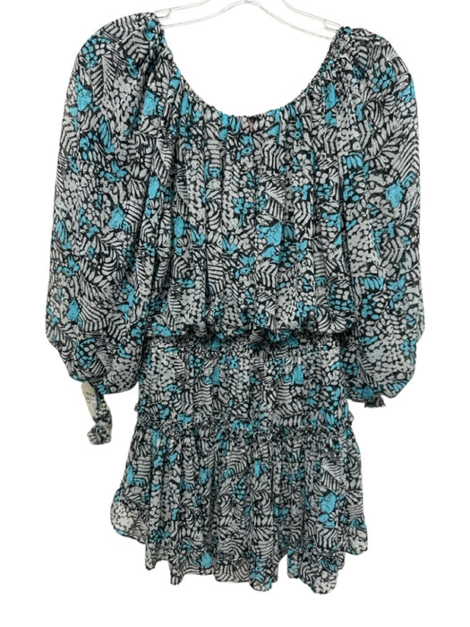 Misa Size S Black & Blue Polyester Leaf Print 3/4 puff sleeve Off Shoulder Dress Black & Blue / S