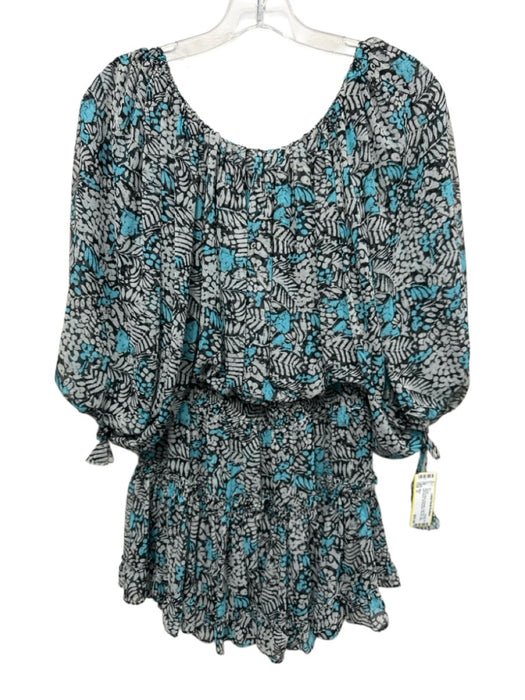 Misa Size S Black & Blue Polyester Leaf Print 3/4 puff sleeve Off Shoulder Dress Black & Blue / S