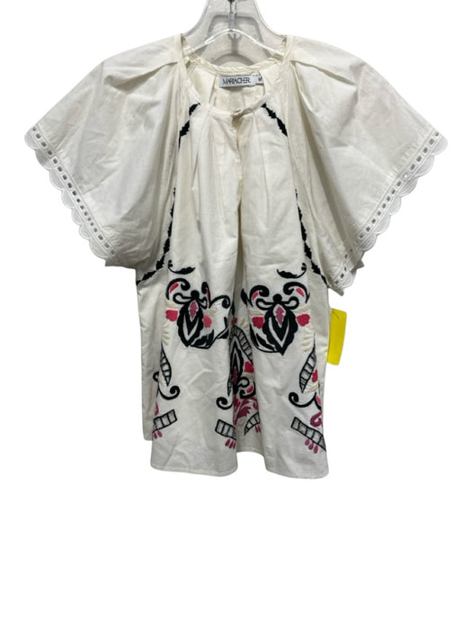 Mariacher Size M Cream, Black & Pink Cotton Embroidered Short Sleeve Top Cream, Black & Pink / M