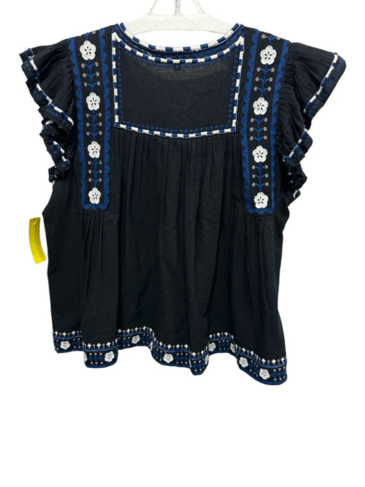 Sea New York Size XS Black, Blue & White Cotton & Linen Embroidered Top Black, Blue & White / XS