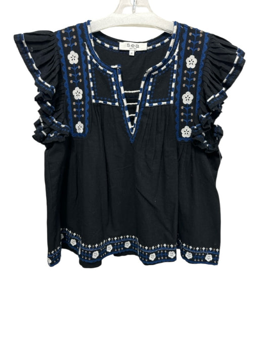 Sea New York Size XS Black, Blue & White Cotton & Linen Embroidered Top Black, Blue & White / XS