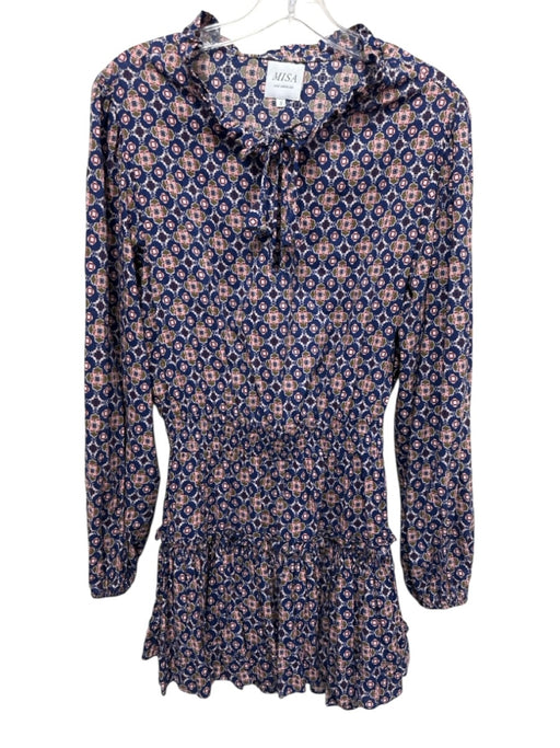 Misa Size S Navy, Pink & Green Rayon Blend Geometric Long Balloon Sleeve Dress Navy, Pink & Green / S