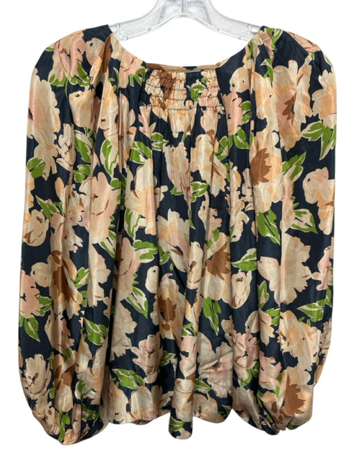 The Great Size 1 Black, Beige & Green Silk Floral Long Balloon Sleeve Top Black, Beige & Green / 1