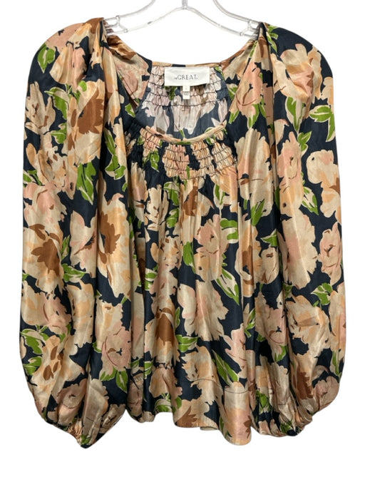 The Great Size 1 Black, Beige & Green Silk Floral Long Balloon Sleeve Top Black, Beige & Green / 1