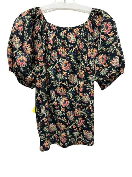 The Great Size 2 Black & Multi Cotton Floral Short Balloon Sleeve Wide Neck Top Black & Multi / 2