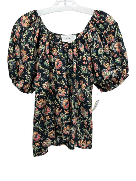 The Great Size 2 Black & Multi Cotton Floral Short Balloon Sleeve Wide Neck Top Black & Multi / 2