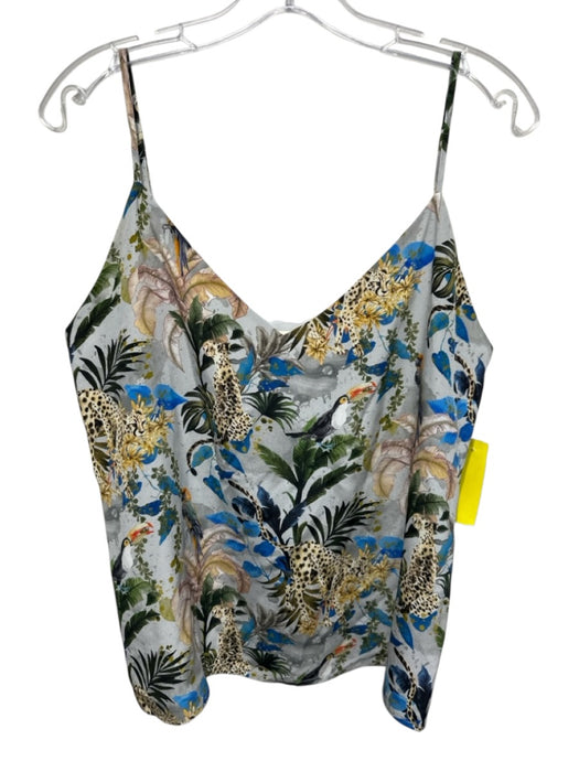 L'agence Size M Blue & Multi Silk Spaghetti Strap V Neck Jungle Print Tank Top Blue & Multi / M