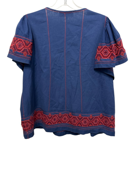 Sea New York Size 4 Blue & Red Cotton Embroidered Short Sleeve Keyhole Neck Top Blue & Red / 4