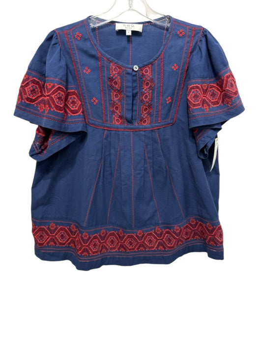 Sea New York Size 4 Blue & Red Cotton Embroidered Short Sleeve Keyhole Neck Top Blue & Red / 4