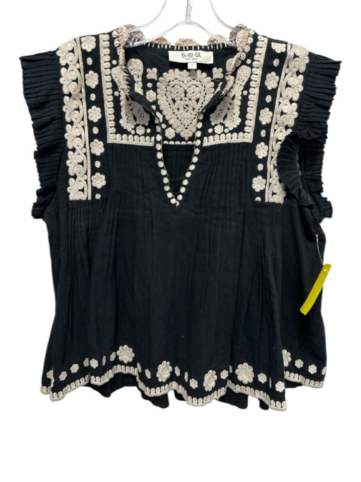 Sea New York Size S Black & Beige Cotton & Linen Embroidered Pintuck Pleats Top Black & Beige / S