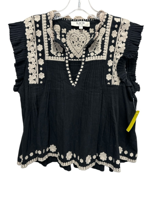 Sea New York Size S Black & Beige Cotton & Linen Embroidered Pintuck Pleats Top Black & Beige / S