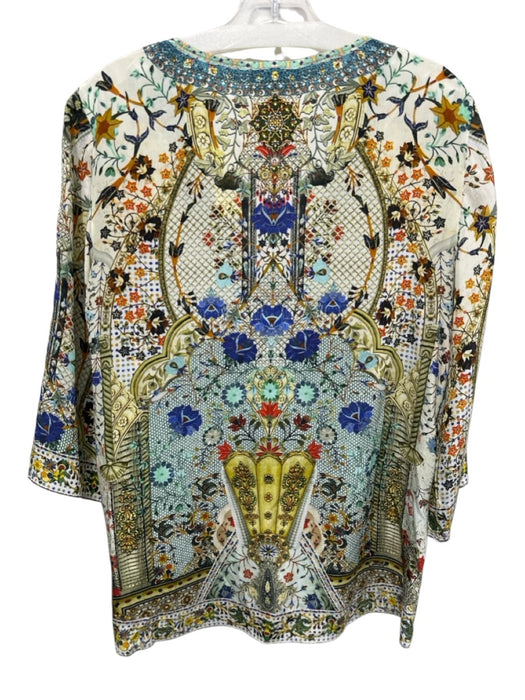 Camilla Size XS Cream & Multi Silk Rhinestone Embellished Floral 3/4 Sleeve Top Cream & Multi / XS