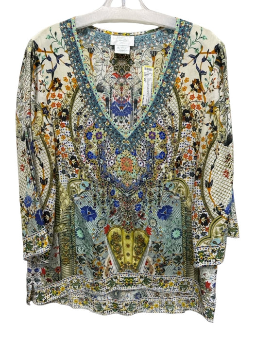 Camilla Size XS Cream & Multi Silk Rhinestone Embellished Floral 3/4 Sleeve Top Cream & Multi / XS