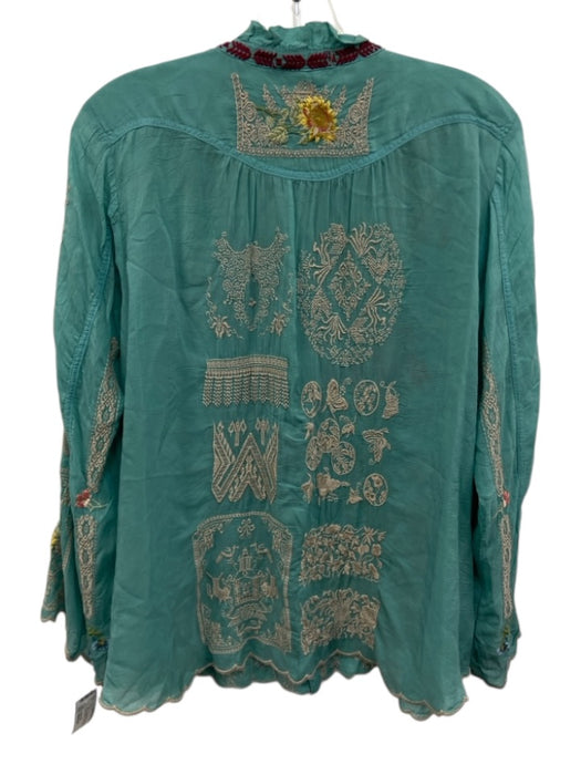 Johnny Was Size Medium Teal Blue & Multi Rayon Blend Long Sleeve Top Teal Blue & Multi / Medium