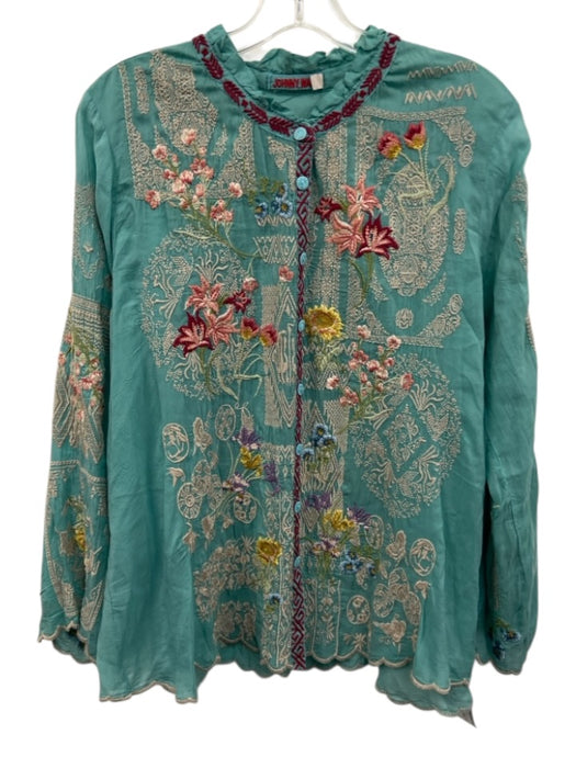 Johnny Was Size Medium Teal Blue & Multi Rayon Blend Long Sleeve Top Teal Blue & Multi / Medium