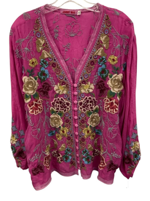 Johnny Was Size Medium Pink & Multi Rayon Blend Long Sleeve Button Front Top Pink & Multi / Medium