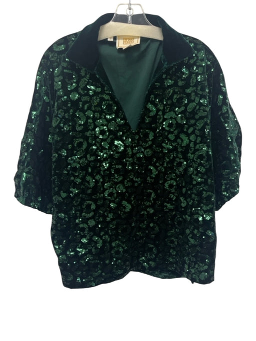 Emily McCarthy Size M Green Polyester & Spandex Short Puff Sleeve Collar Top Green / M