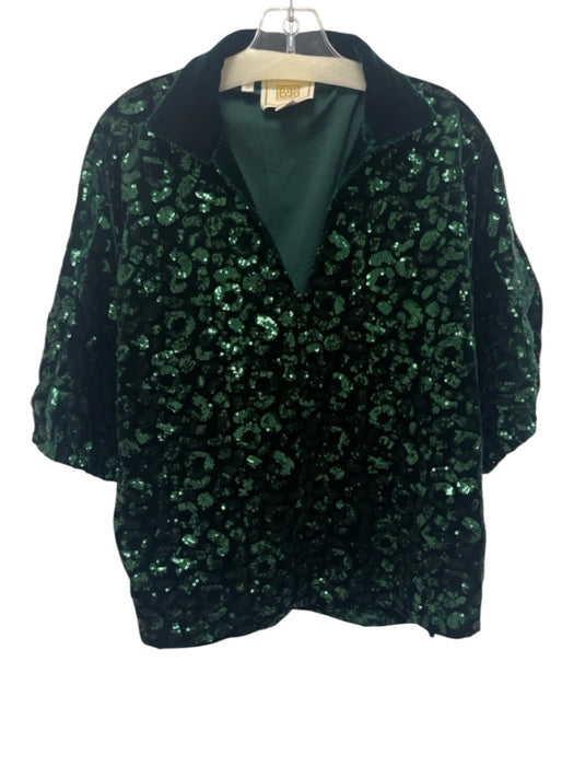 Emily McCarthy Size M Green Polyester & Spandex Short Puff Sleeve Collar Top Green / M
