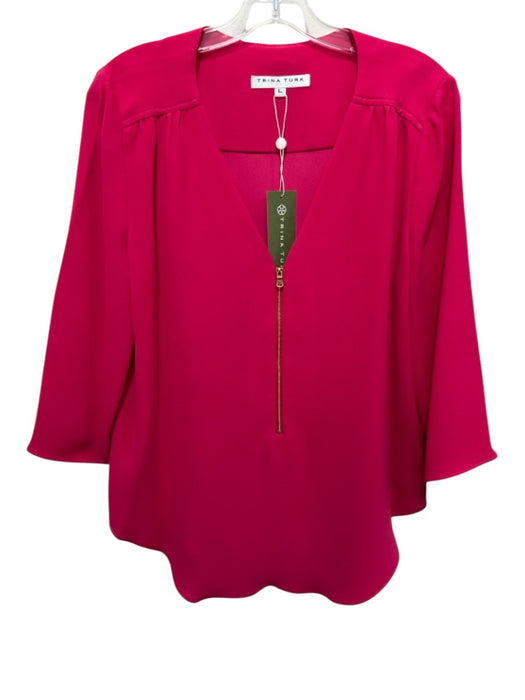 Trina Turk Size L Fuchsia Polyester V Neck Zip Detail 3/4 Flare Sleeve Flowy Top Fuchsia / L